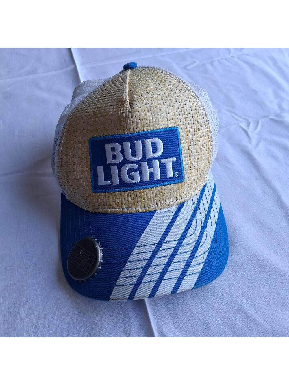 Bud Light Hat Snap Back Straw Bottle Opener trucker Mesh Cap Budweiser Beer